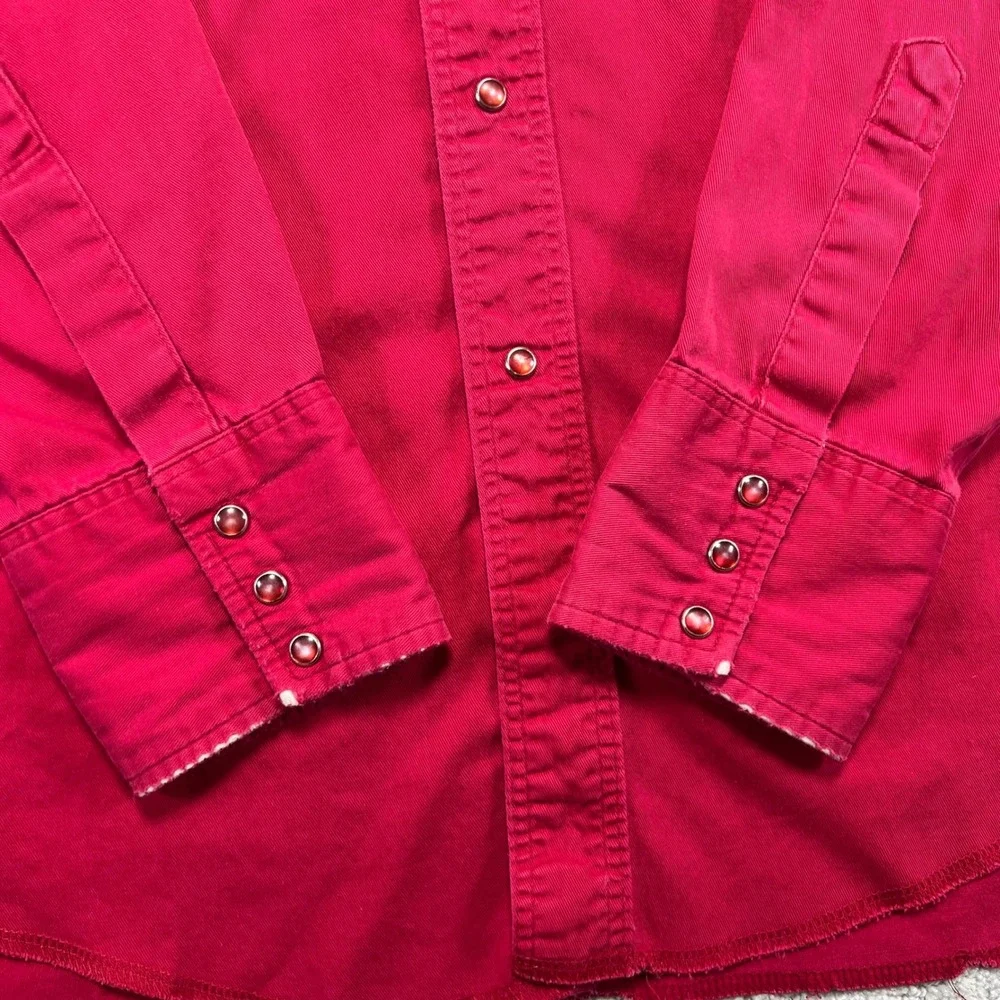 VINTAGE Wrangler Western Shirt Mens Large Red Faded Distressed Pearl Snap Cotton